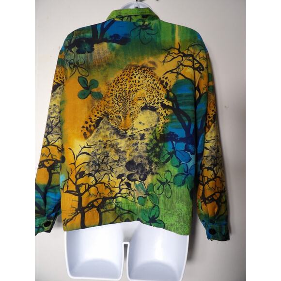 Kaktus USA Linen Top Blouse Button up Cheetah Animal Africa Trees Art to Wear Co - Picture 3 of 15